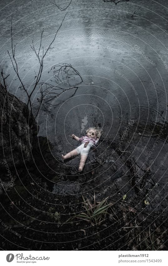 a doll Girl Body Water Drops of water Rain Tree Leaf Lake Toys Doll Fear Dramatic Childhood memory Old Sadness Loneliness Dark Reflection Float in the water