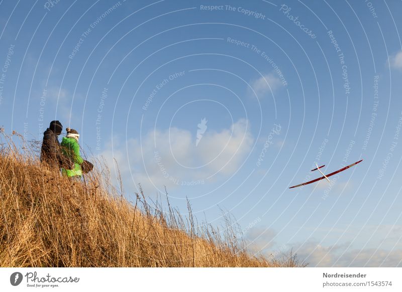 model flight Model-making Technology High-tech Human being 2 Sky Clouds Beautiful weather Wind Grass Meadow Aviation Airplane Sailplane Aircraft Flying Elegant