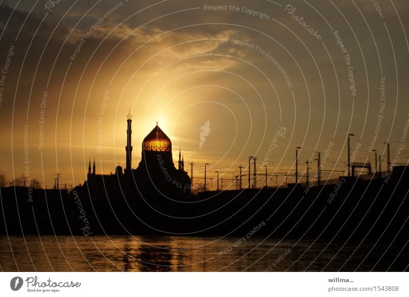 the yenidze in dresden at sunset Elbe Dresden Palace Tower Manmade structures Building Architecture Tabacco factory Mosque Domed roof Tourist Attraction