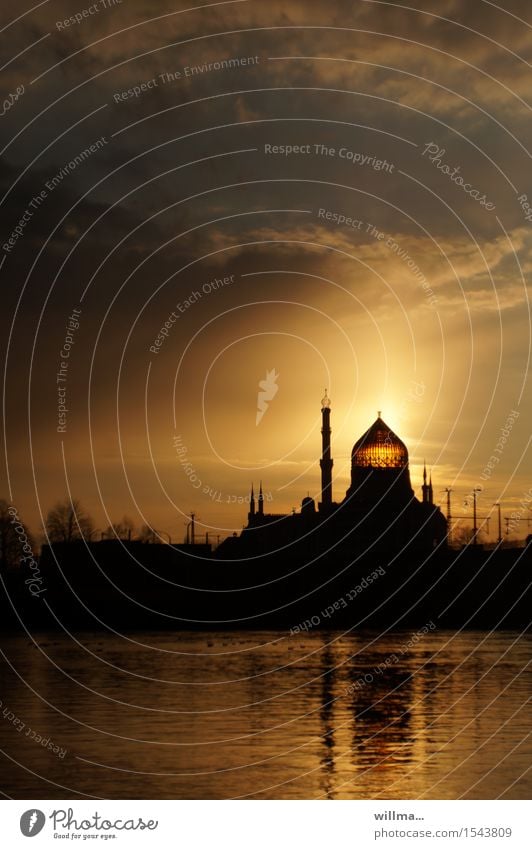 yenidze in dresden in the evening light Dresden Palace Tower Manmade structures Mosque Domed roof Tourist Attraction Landmark Monument Yenidze Historic Elbe