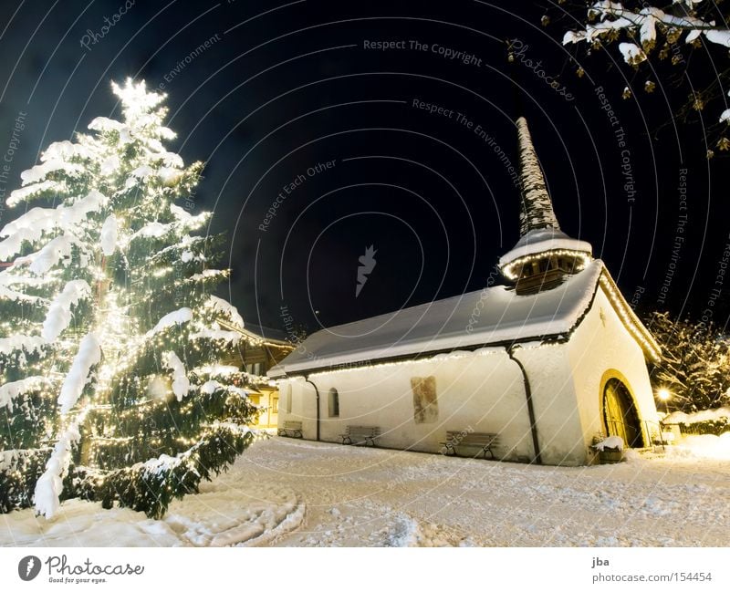 white Chapel Church Tower Places Village square Fir tree Christmas & Advent Christmas tree Adorned Fairy lights Snow Promenade Branch Night sky White