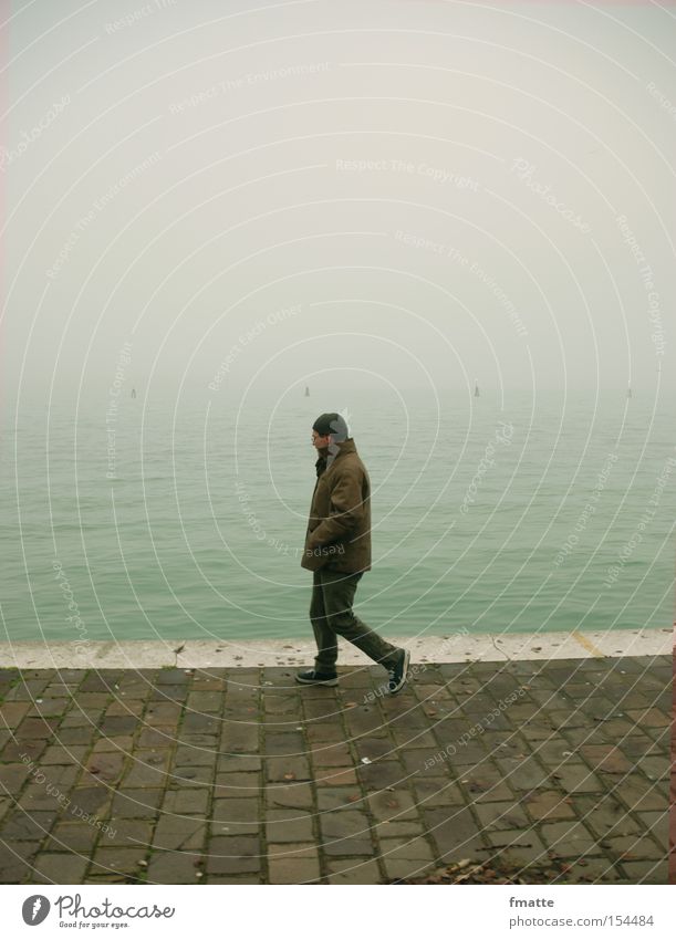 Man on the beach Beach Fog Harbour Walking Loneliness Winter Cold Jetty