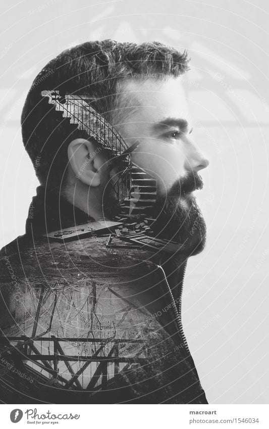 thoughts Thought Double exposure Head Man Masculine Portrait photograph Stairs Roof Cellar Ruin Think Loneliness Facade Black White Profile laterally