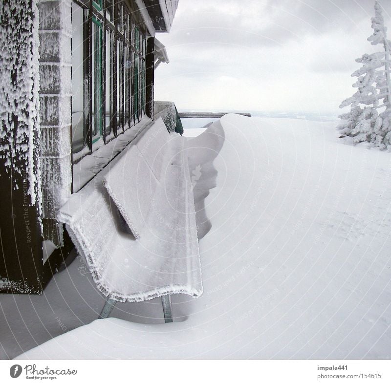 HOCHRIES 08 Winter Snow Mountain Hut Window Wood Old Far-off places Natural Black White Frozen Wooden hut Alpine pasture Snowdrift Vantage point Bench Detail