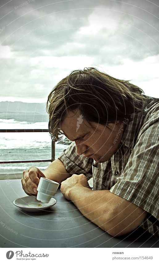 Coffee's cold! Espresso Anger Bad mood Whim Sour Aggravation Annoy Beach Café Drinking Man Agitated