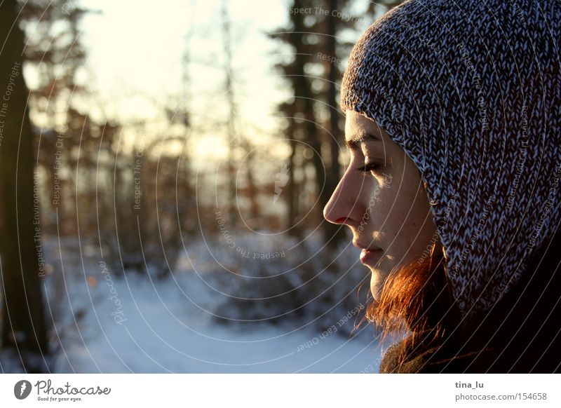 winter walk Winter Sun Snow Sky Forest Cold Light Lighting Nature Woman Silhouette To enjoy Beautiful Sunset Portrait photograph Peace Human being