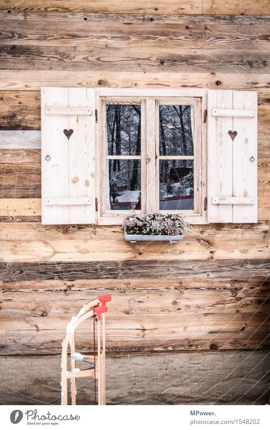 at the hut House (Residential Structure) Hut Old Alpine pasture Sleigh Wooden house Window Shutter Heart Rustic Winter vacation Austria Snow Colour photo