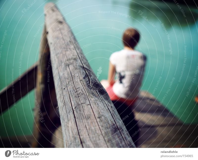 longing Woman Lake Footbridge Lake Baggersee Water Handrail Wood T-shirt Sit Think Longing Summer wet T-shirt Hot pants