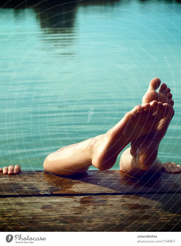 foot theatre Feet Lake Lake Baggersee Footbridge Wood Swimming & Bathing Reflection Turquoise Ocean Water Fingers To hold on Joy Leisure and hobbies Summer