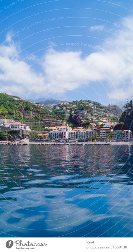 blue Nature Landscape Elements Water Sky Clouds Sun Summer Beautiful weather Hill Mountain Coast Ocean Atlantic Ocean Island Madeira Ponta do Sol Portugal