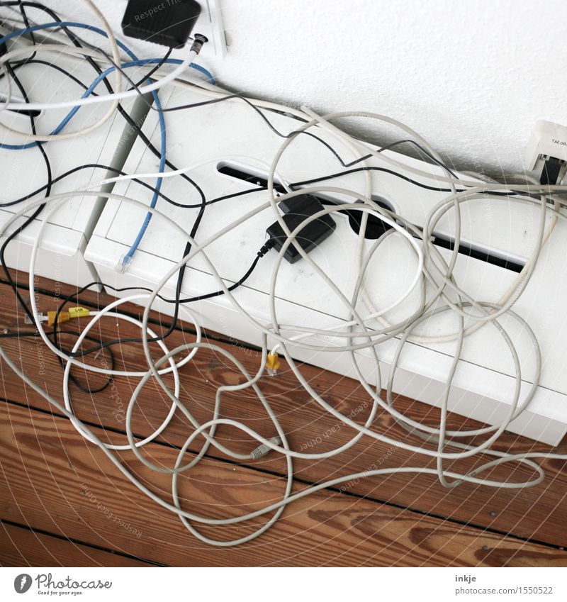 no connection (cable clutter) Cable Telephone cable Joinery technique Terminal connector Telecommunications Internet Hang Muddled Lie Coil Colour photo