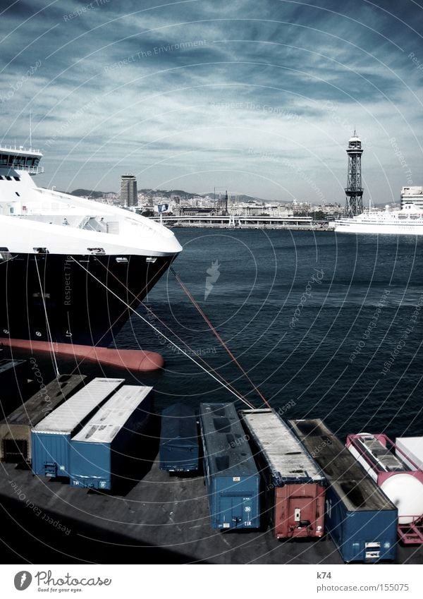 harbor Harbour Container Drop anchor Jetty Watercraft To hold on Rope Cruise Bow Goods Logistics Trade Ocean Pirate Barcelona