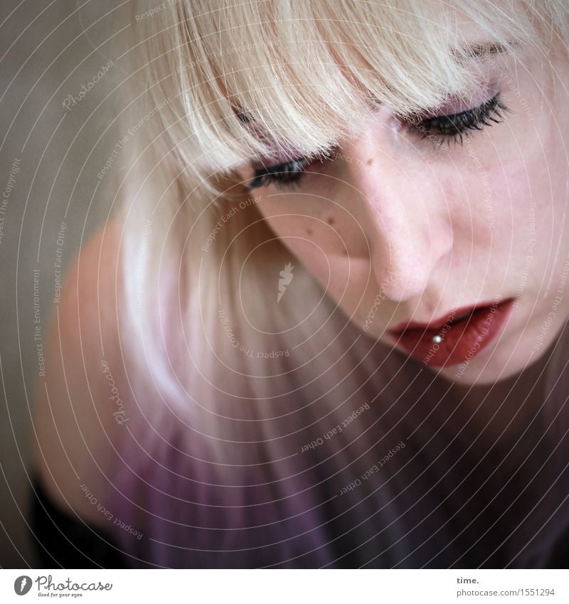 Lilly Feminine 1 Human being T-shirt Piercing Blonde Long-haired Bangs Observe Think Looking Wait Beautiful Conscientiously Caution Serene Patient Calm Sadness