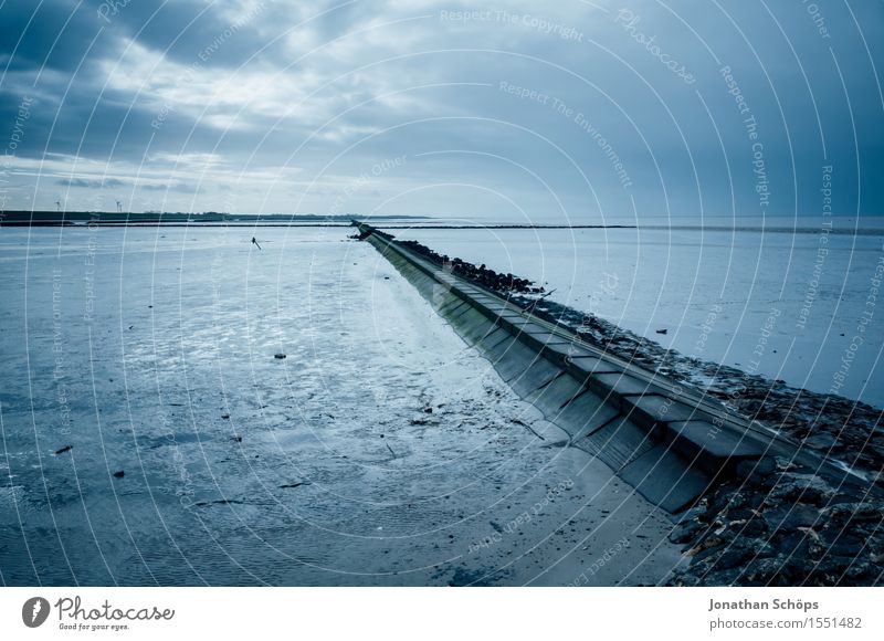 North dike V Nature Water Sky Heaven Clouds Sunset Coast Beach North Sea Ocean Apocalyptic sentiment Blue Twilight Low tide Mud flats Walk along the tideland