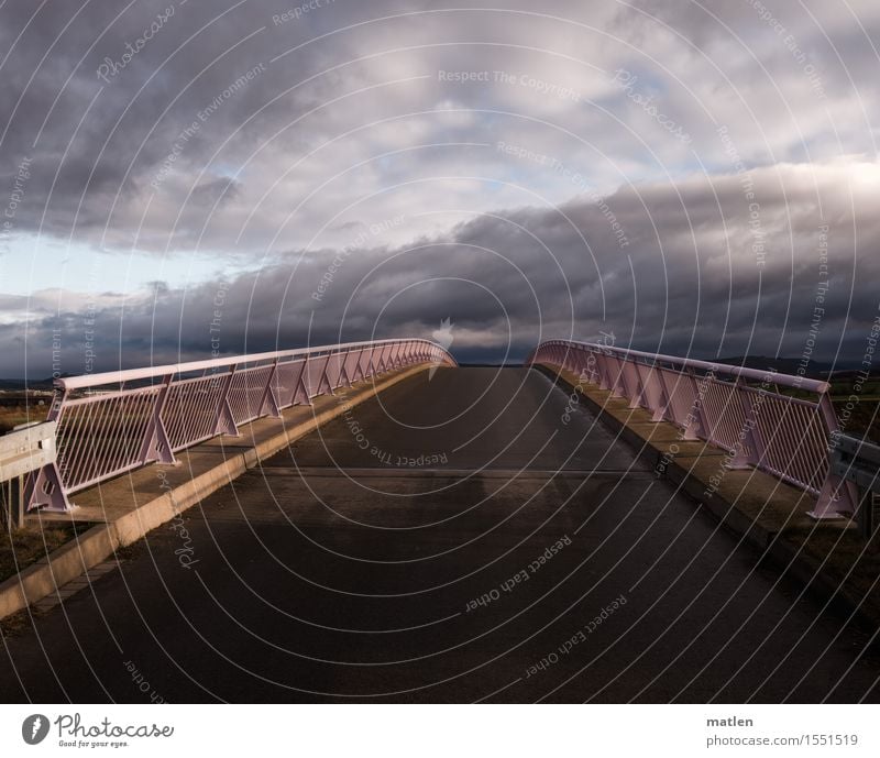 bypass Landscape Sky Clouds Storm clouds Spring Weather Bad weather Deserted Bridge Street Threat Dark Blue Brown Pink White Handrail Traverse Colour photo