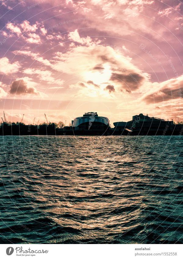 Hamburg Landungsbrücken musical romanticism in the sunset Water Clouds Sunrise Sunset Sunlight River bank Elbe Germany Port City Skyline Tourist Attraction