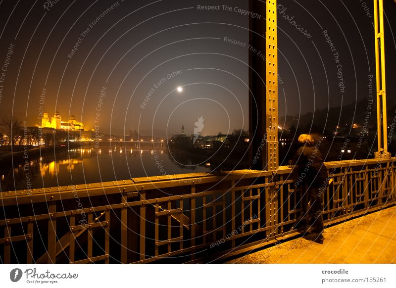 lonely observer Loneliness Dome Passau Bridge Steel Moon Inn River Night Dark Orange Street Light Vantage point Man Long exposure Beautiful