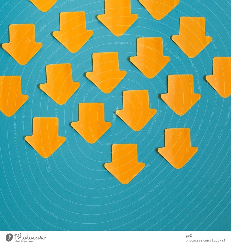 negative trend Sign Signs and labeling Signage Warning sign Arrow Many Blue Yellow Orange Turquoise Fear of the future Competition Fiasco Downward trend