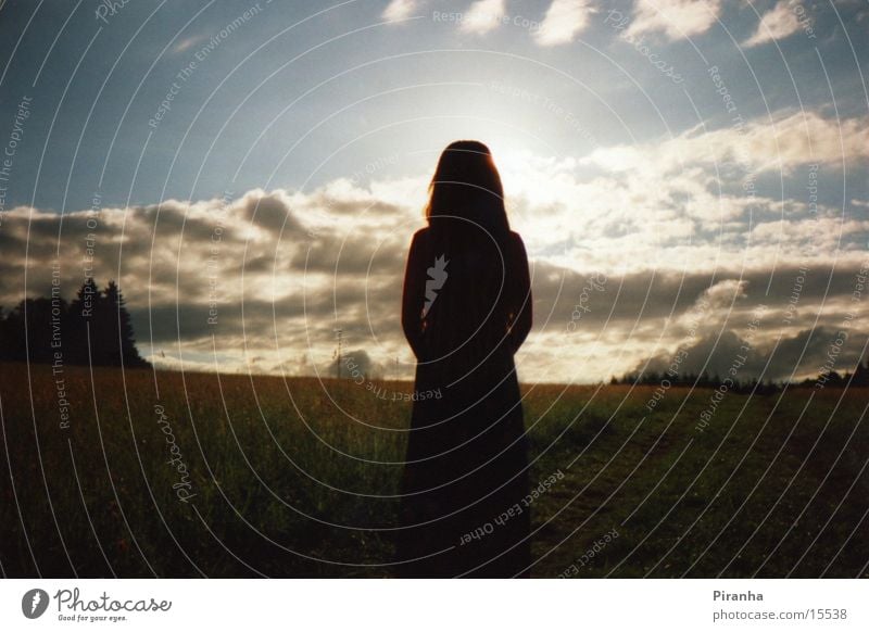 Girl silhouette before sunset Sunset Clouds Meadow Silhouette