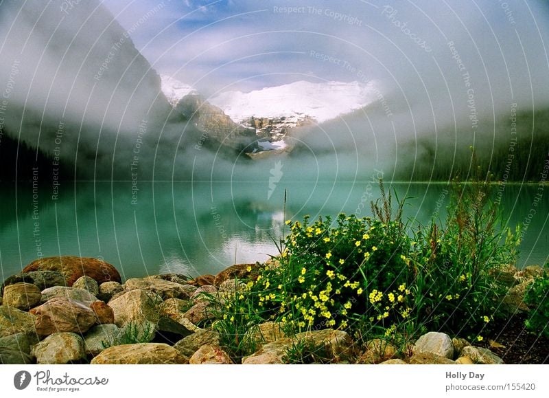 pension kitsch Fog Lake Mountain Vail Clouds Alberta Banff National Park Lake Louise Water Reflection Flower Peak Canada Rocky Mountains Snow Cloud cover