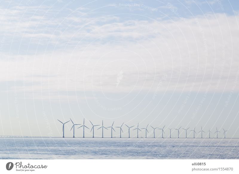 Wind power plants in the morning haze Ocean Technology Environment Nature Landscape Copenhagen Denmark Line Energy Innovative Environmental protection Europe