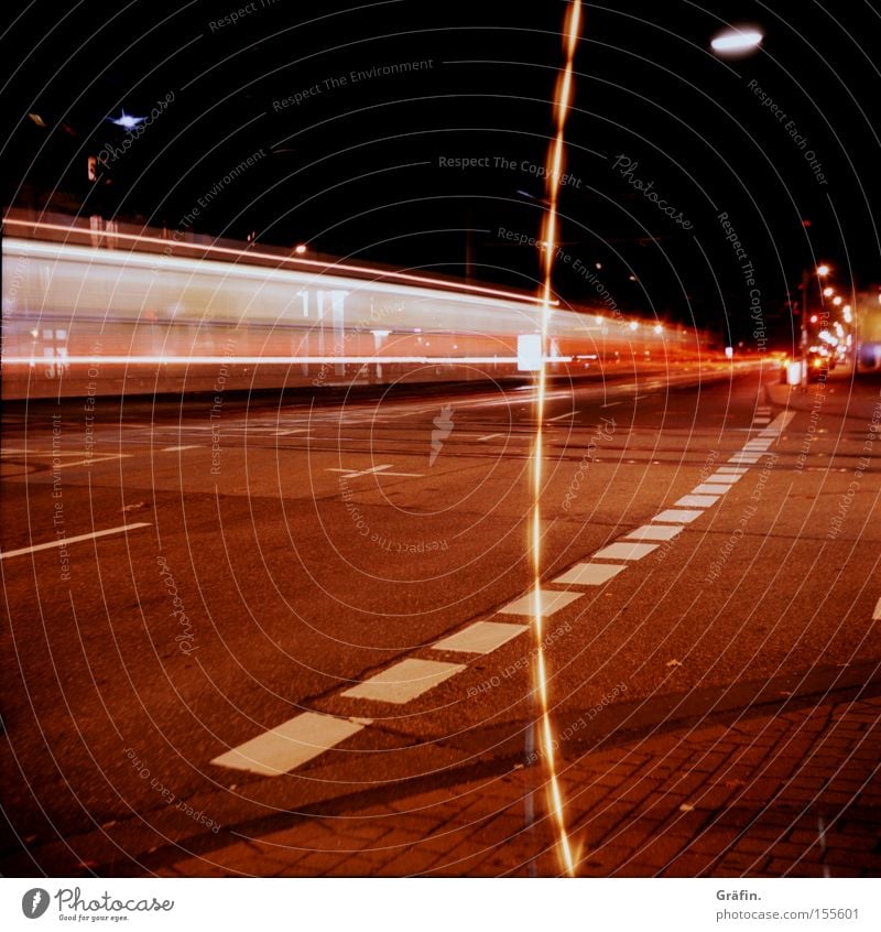 wuuuuuuuuush Medium format Night Light Speed Tram Cologne Movement Transport Street Lighting Lomography Strip of light Long exposure Traffic infrastructure