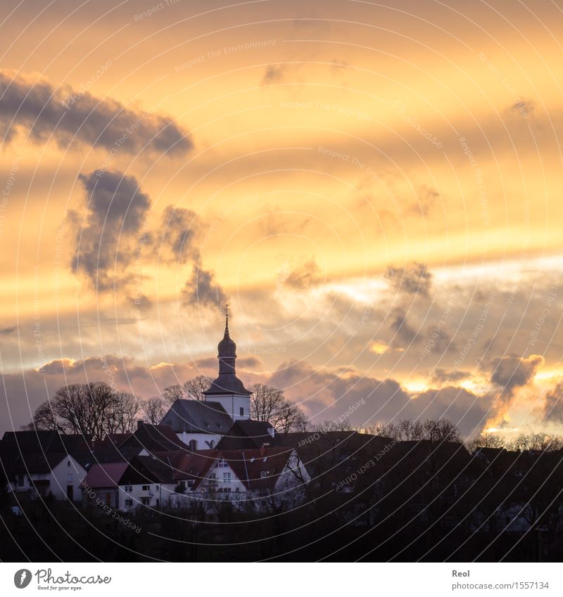 evening light Nature Landscape Elements Sky Clouds Sunrise Sunset Sunlight Summer Autumn Beautiful weather Hill Village Small Town House (Residential Structure)