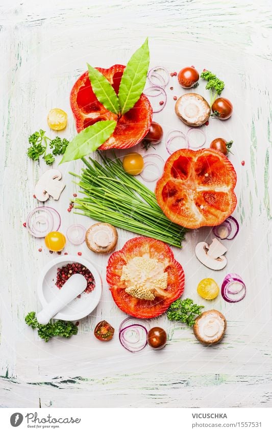 Fresh peppers and ingredients for cooking Food Vegetable Herbs and spices Nutrition Lunch Dinner Buffet Brunch Organic produce Vegetarian diet Diet