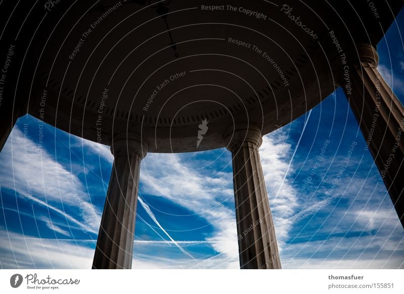 white-blue II Sky Clouds Vapor trail Column Temple Pavilion Light Shadow Vantage point Future Far-off places Blue Part Sublime Cage House of worship Munich