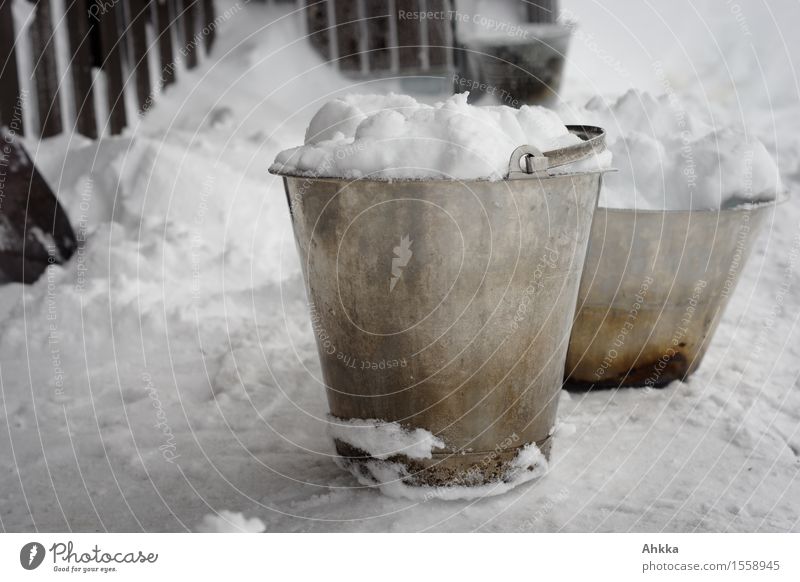 resource Snow Bowl Bucket Metal White Preparation Raw materials and fuels Full Many Sufficient Colour photo Subdued colour Exterior shot Close-up Deserted Day