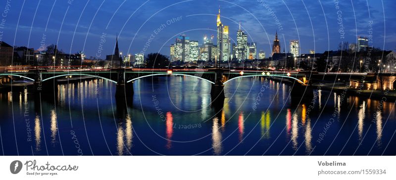 Frankfurt, evening River Town Skyline High-rise Bank building Church Dome Bridge Blue Brown Multicoloured Yellow Gold Gray Green Black Main City Dusk panorama