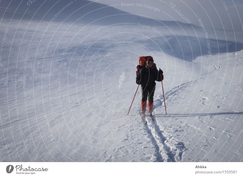 Young female skier in a wintery mountain landscape with a large backpack in orange colours Adventure Far-off places Freedom Snow Winter vacation Skiing Feminine