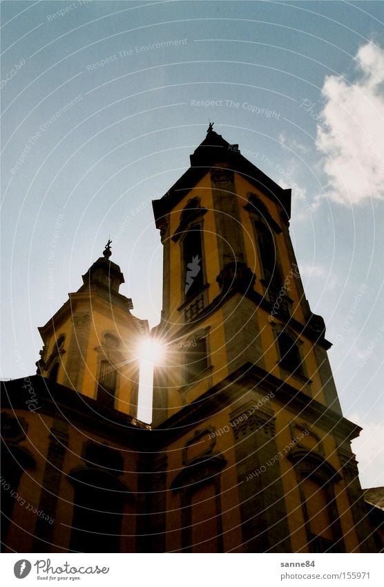 baroque sun Church Church spire Sun Sky Sunbeam Blue Yellow Dazzle Bright Light Shadow Clouds Baroque House of worship Column Architecture