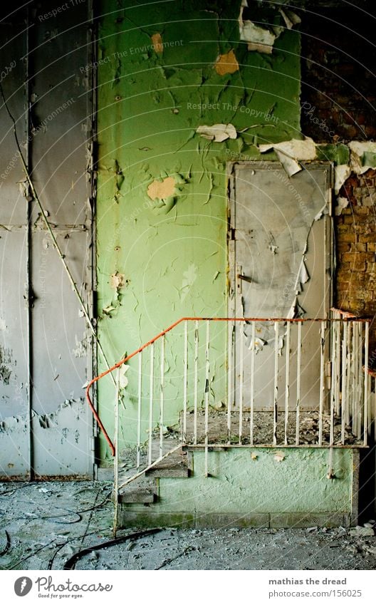 Stairway to heaven Wall (building) Room Stairs Green Plaster Old Shabby Dirty Loneliness Calm Beautiful Derelict Handrail Colour crumble away Door unhuman