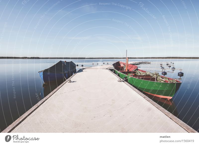 new jetty and old barge Landscape Sky Cloudless sky Horizon Beautiful weather Lakeside Inland navigation Fishing boat Harbour Yacht harbour Blue Green Red White