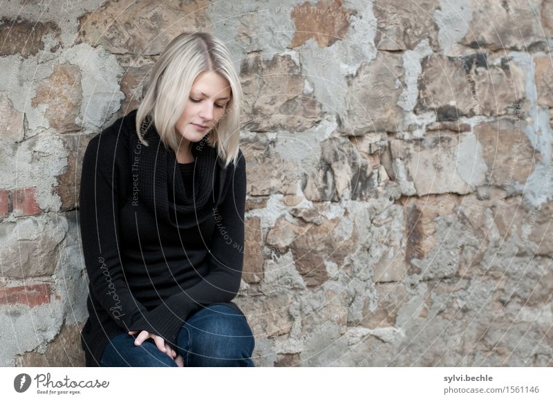 Girl at the wall Calm Human being Feminine Young woman Youth (Young adults) Life 18 - 30 years Adults House (Residential Structure) Ruin Wall (barrier)