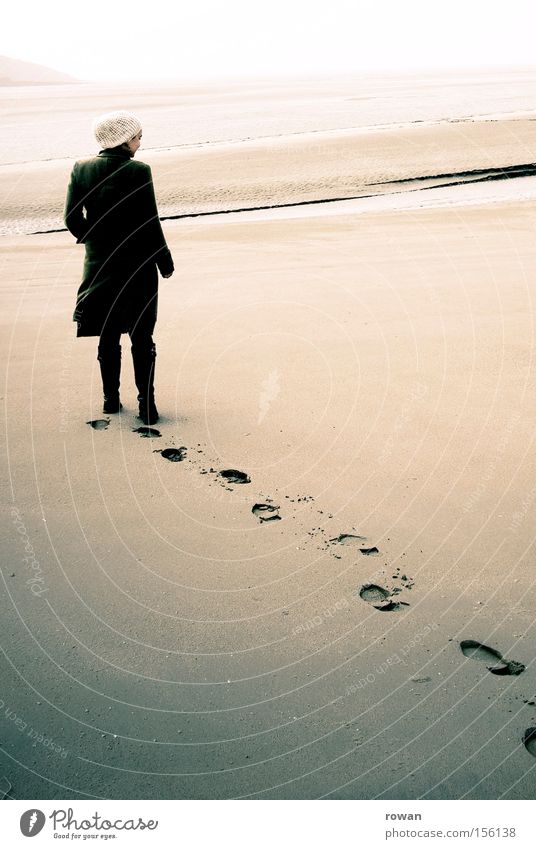 tracks Colour photo Subdued colour Exterior shot Copy Space right Copy Space top Copy Space bottom Copy Space middle Day Beach Human being Feminine Young woman