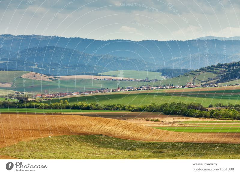 Green spring hills of Slovakia. April sunny countryside Beautiful Vacation & Travel Tourism Mountain Nature Landscape Sky Clouds Sunlight Spring Climate