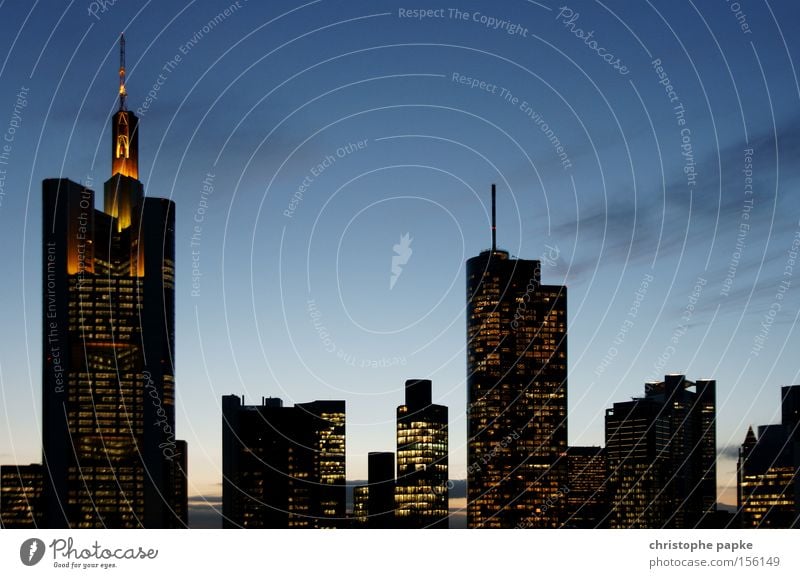 Illuminated skyscrapers in Frankfurt/Main during the blue hour Bank building Skyline Town Subdued colour High-rise Stock market Building Deserted Economy Modern