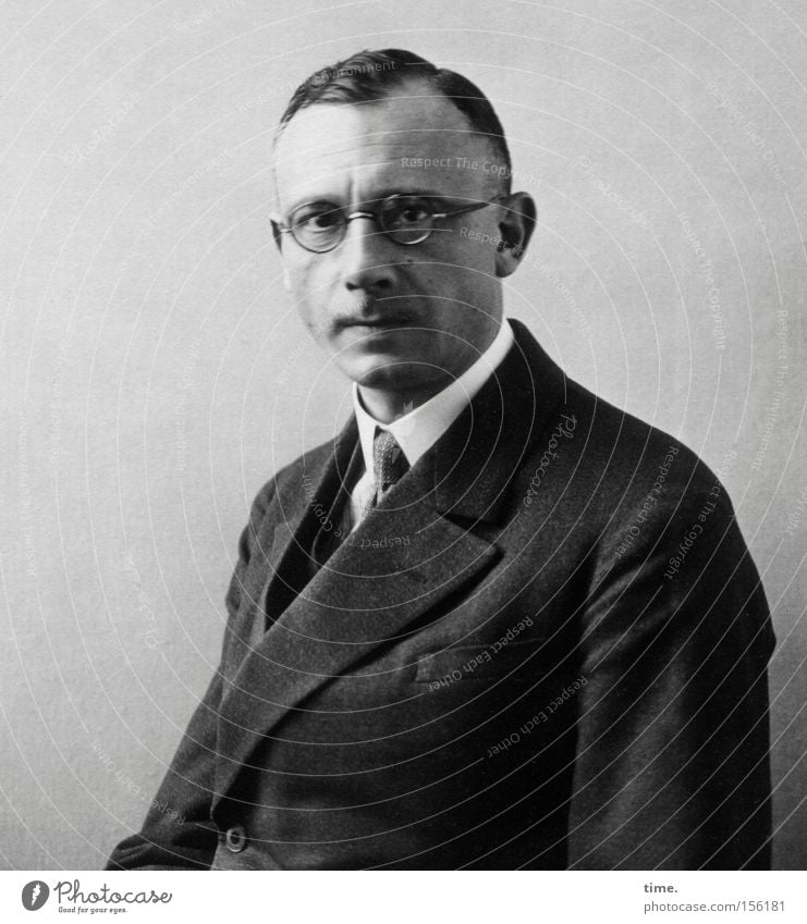 Arthur, teacher Masculine Man Adults Suit Tie Eyeglasses Short-haired Concentrate Earnest Collar Haircut Dim Former Change Black & white photo