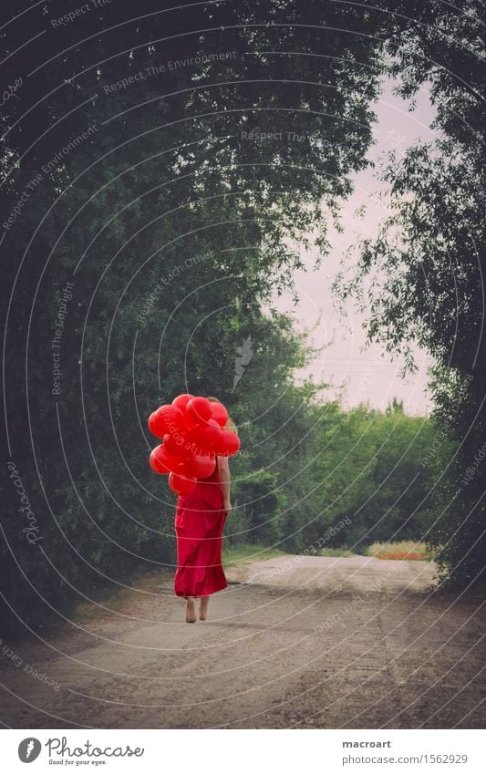 summer Balloon Hot Air Balloon Woman Red Dress Summer Spring Green Ball gown Noble Feminine Elegant To go for a walk Going Lanes & trails Barefoot Tree Flying