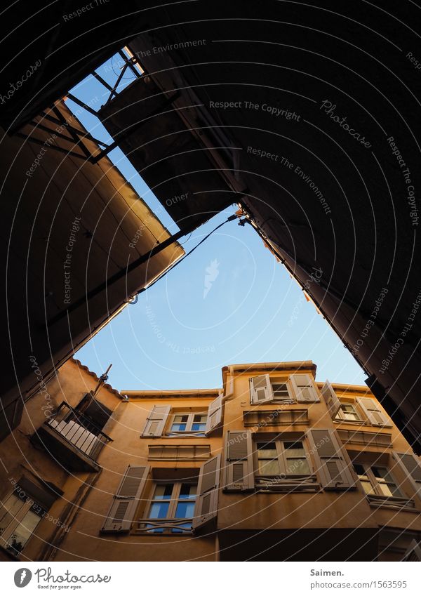 Heavenly house facade houses House (Residential Structure) Facade Building Window Balcony Shutter Sky Worm's-eye view Blue sky Abstract Deserted Architecture