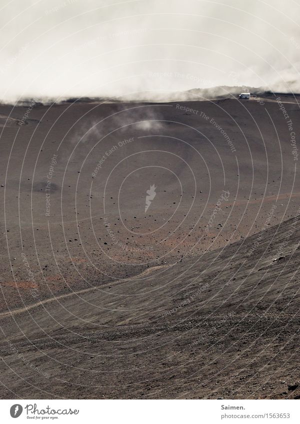 A long way mountain Volcano Bus off Driving Clouds Fog Landscape Mountain Nature Rock Sky Peak Environment Exterior shot Earth Elements Copy Space top Stone Air