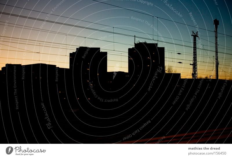 BEAUTIFUL GUCKS Landmark Sphere Town Beautiful Idyll Sky Silhouette Sunset Red High voltage power line Cable Steel cable Architecture