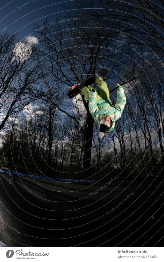 Training for winter Trampoline Snowboard Trick Jump Sky Fisheye Tree Blue Green Back somersault Salto Cap Jacket Pants Winter Summer Extreme sports Dark