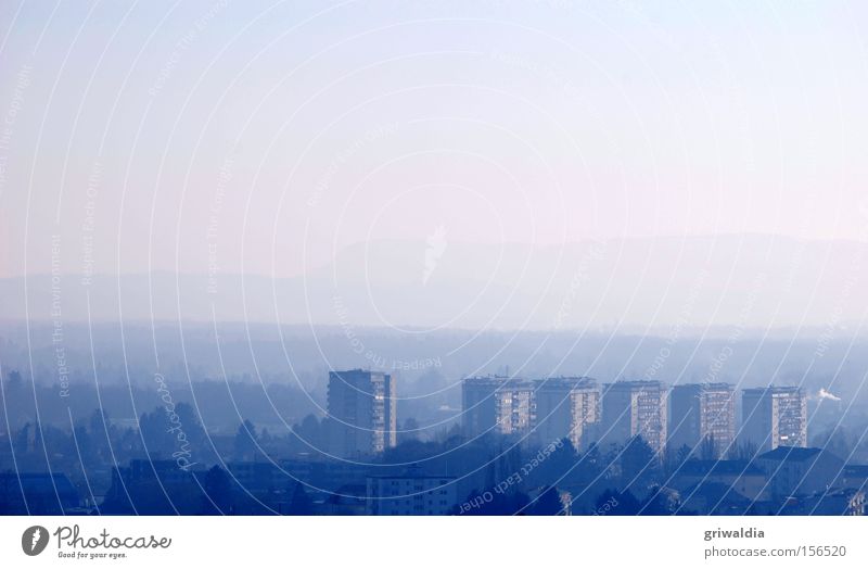 blue ensemble Tower block House (Residential Structure) Flat (apartment) Town Graz Horizon Fog Blue Cold Exterior shot Tall Hill Winter Europe