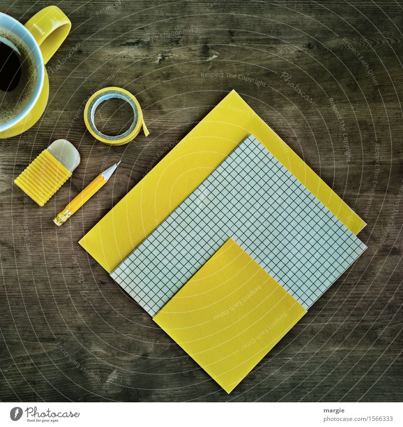 Yellow and checked paper, pencil, eraser, tape and a cup of coffee, all in yellow on an old desk Drinking Cup Mug Work and employment Profession Office work