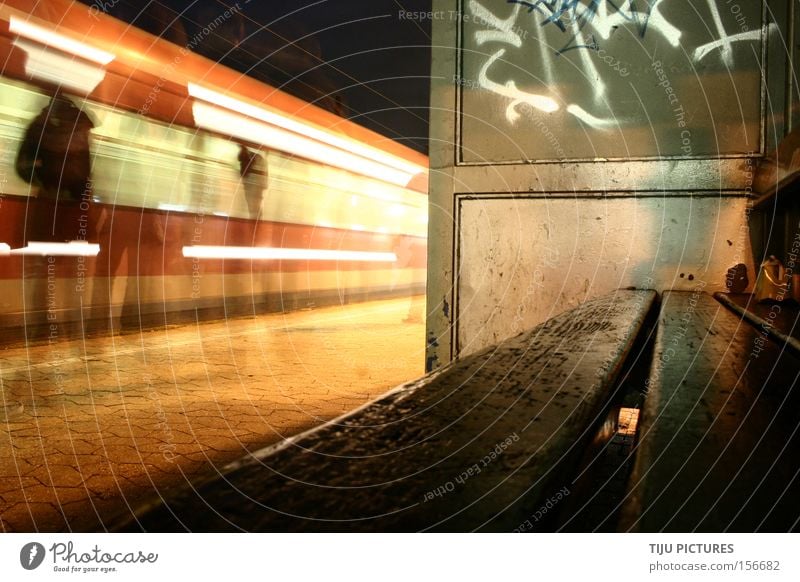 Late? Finally Railroad Bench Wait Speed Night Graffiti Hide Ghosts & Spectres  Sit Light Shadow Commuter trains Train station barmen