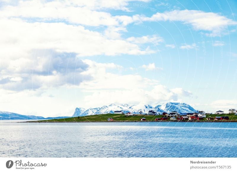 fishing village Vacation & Travel Sightseeing Ocean Landscape Air Water Sky Clouds Spring Summer Beautiful weather Mountain Snowcapped peak Fjord Island Village