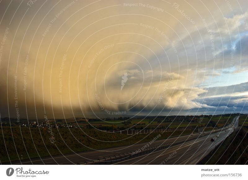 storm front Weather Hail Rain Gale Storm front Highway Drizzle Clouds Sky Nature Landscape Motor vehicle Logistics Traffic infrastructure Dangerous Car Street